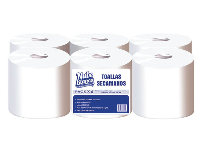 TOALLAS DE PAPEL SECAMANOS NUBE BLANCA. 6 ROLLOS X 180M C/U